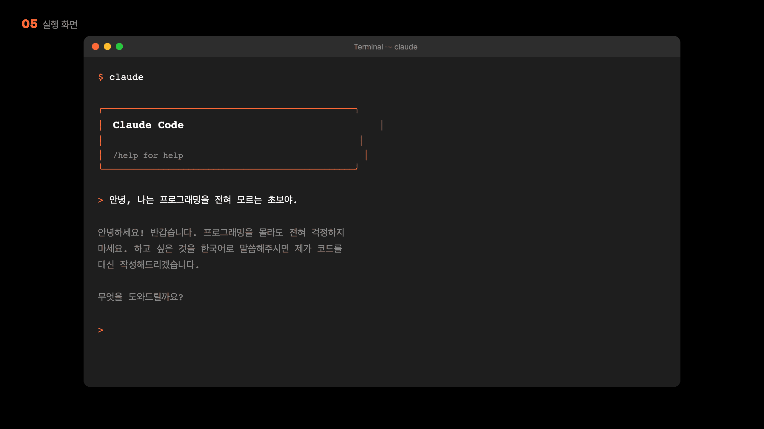 Claude Code 실행 화면 — 한국어로 대화하는 모습