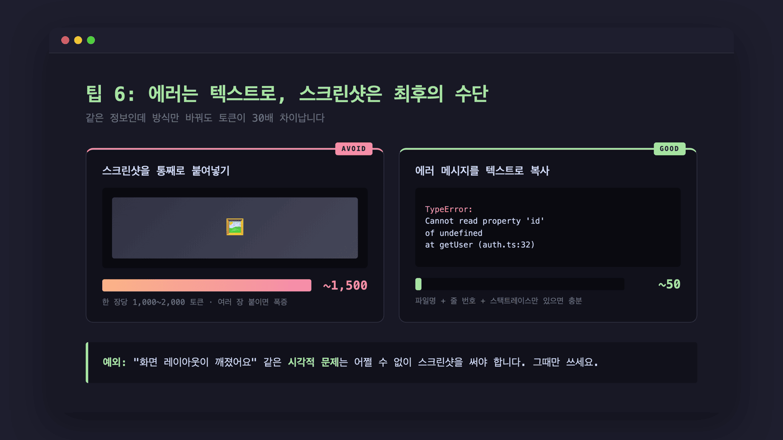 스크린샷 1,500 토큰 vs 에러 텍스트 50 토큰 — 같은 정보, 30배 차이