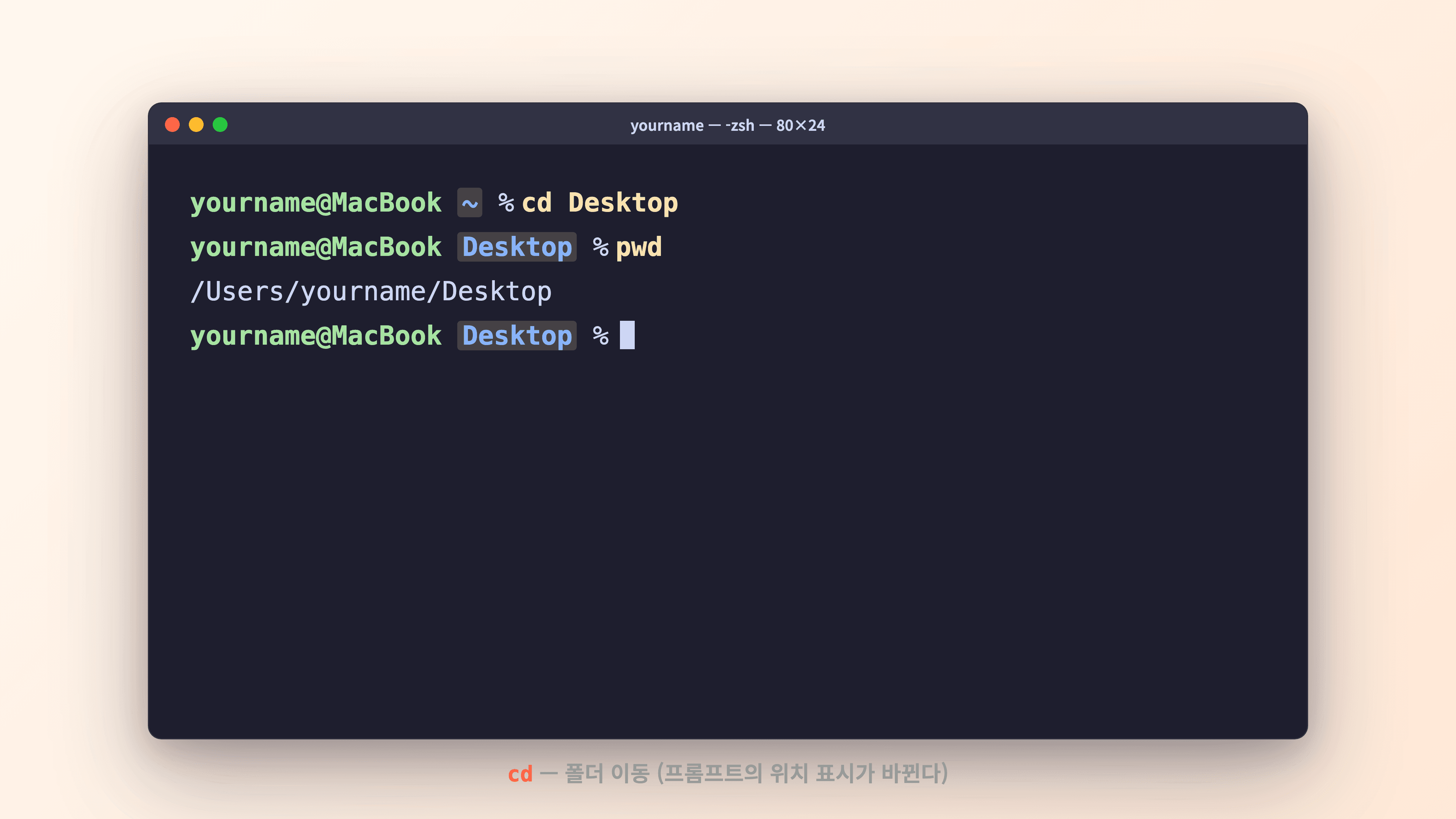 터미널에서 cd Desktop 실행 후 프롬프트 위치 변화