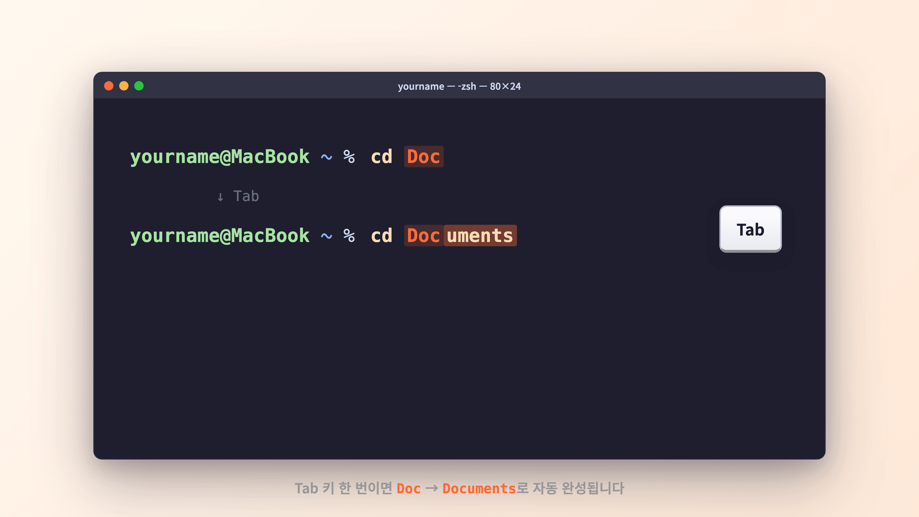 cd Doc + Tab → cd Documents 자동완성 시퀀스
