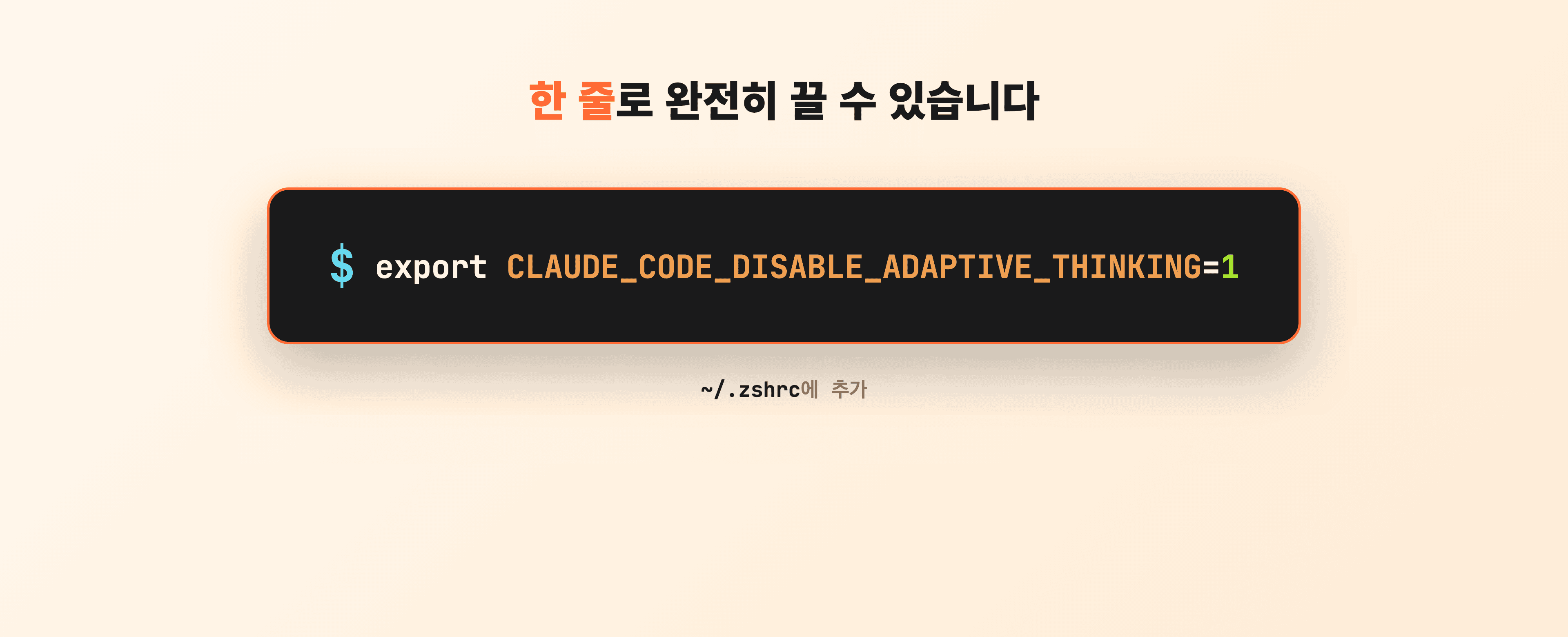 ~/.zshrc 파일에 CLAUDE_CODE_DISABLE_ADAPTIVE_THINKING=1 한 줄을 추가하고 source ~/.zshrc를 쳐서 적용하는 3단계 터미널 장면