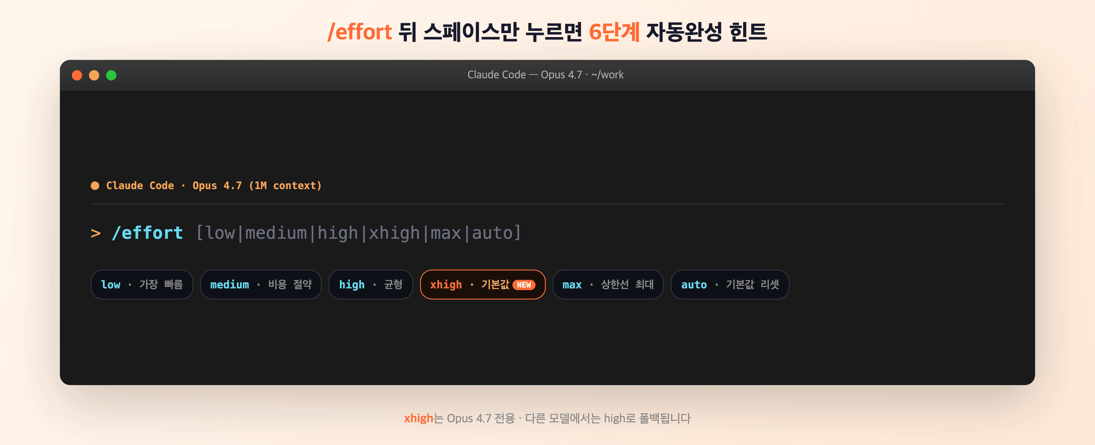 effort 6단계를 작은 흐린 등에서 크고 밝은 등으로 이어지는 다이얼로 표현한 일러스트 — xhigh가 Opus 4.7 기본값