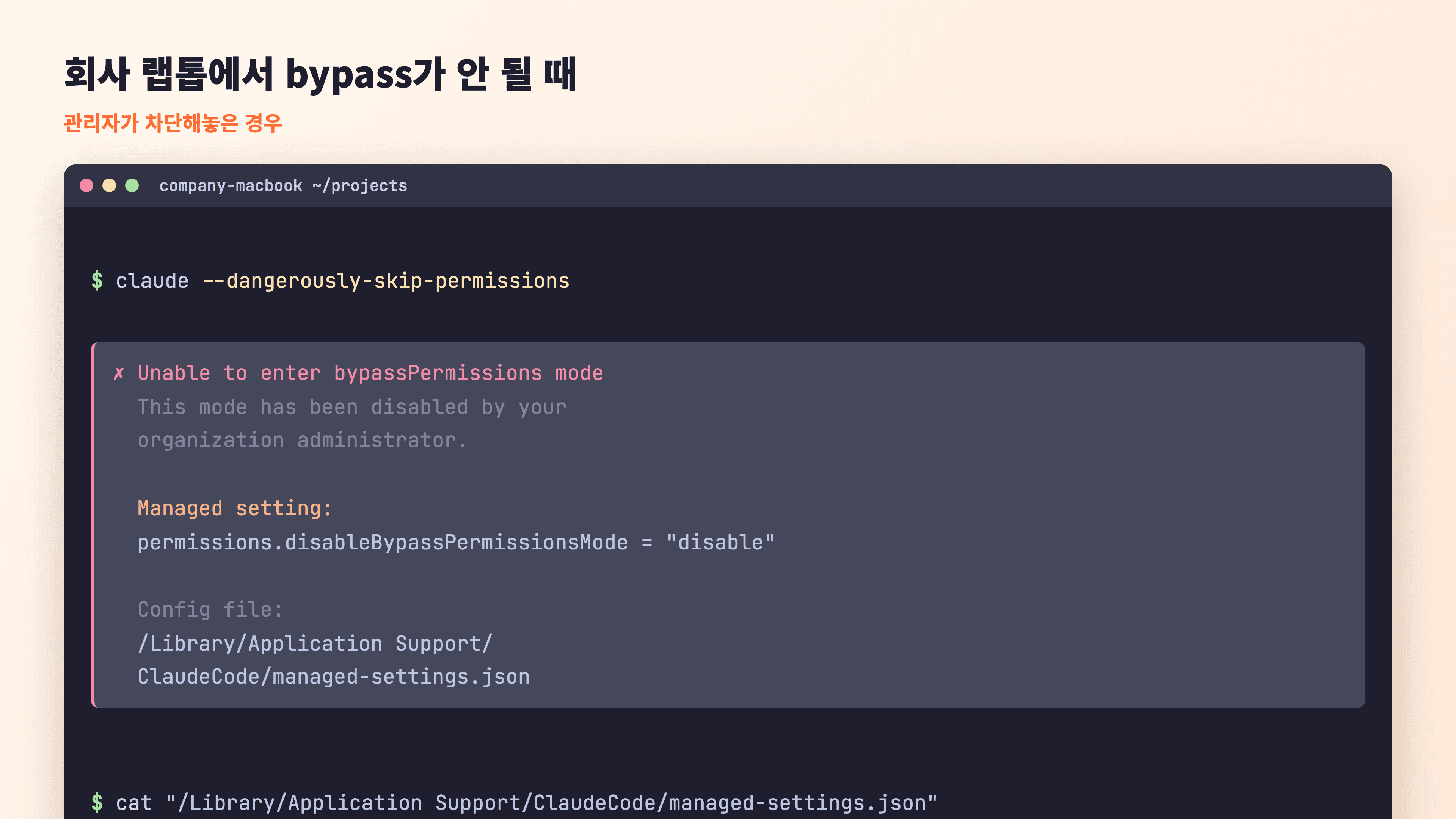 회사 Mac에서 claude --dangerously-skip-permissions 실행 시 managed-settings.json에 의해 차단되는 에러 화면