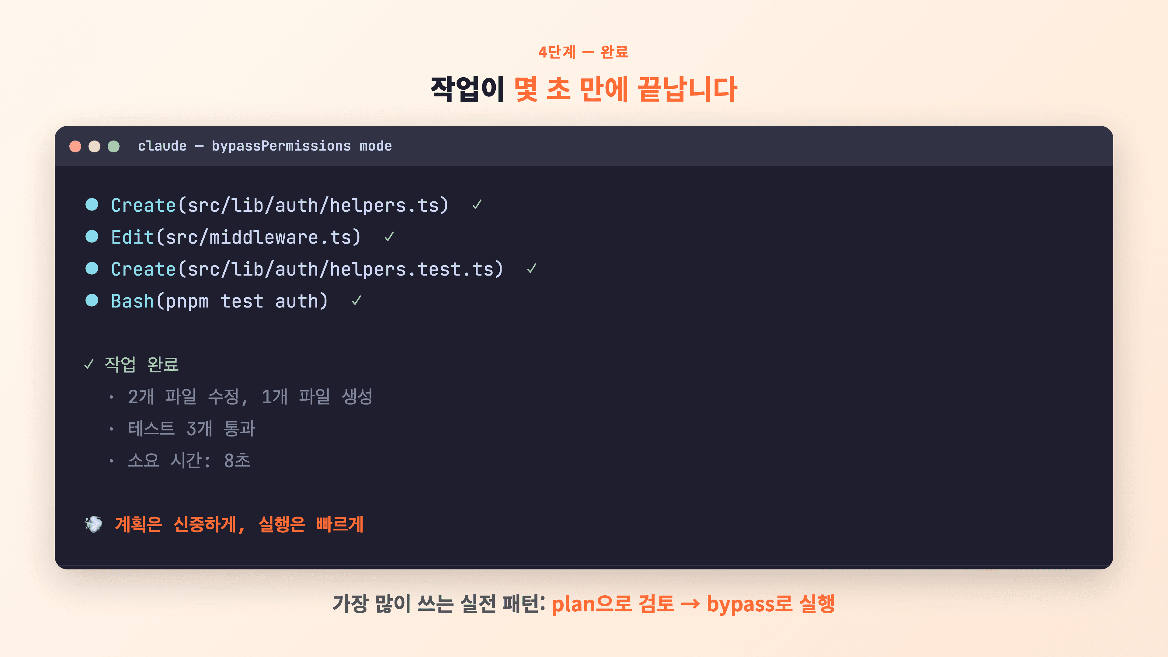 bypassPermissions 모드에서 작업 완료 요약(2개 파일 수정, 1개 파일 생성, 테스트 3개 통과)이 출력된 터미널
