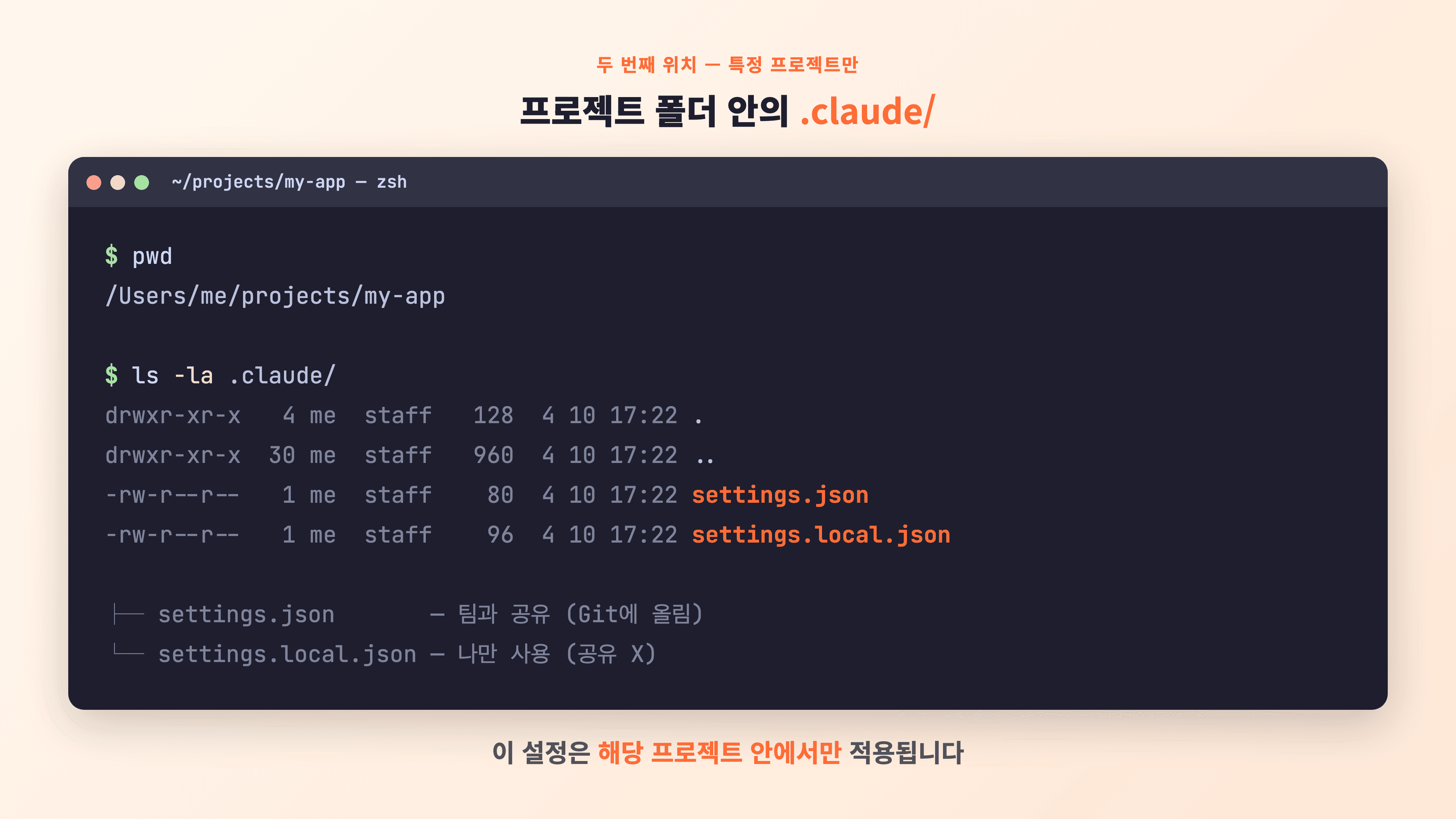 프로젝트 폴더 안의 .claude/ 디렉토리에 settings.json과 settings.local.json 두 파일이 있는 ls 출력