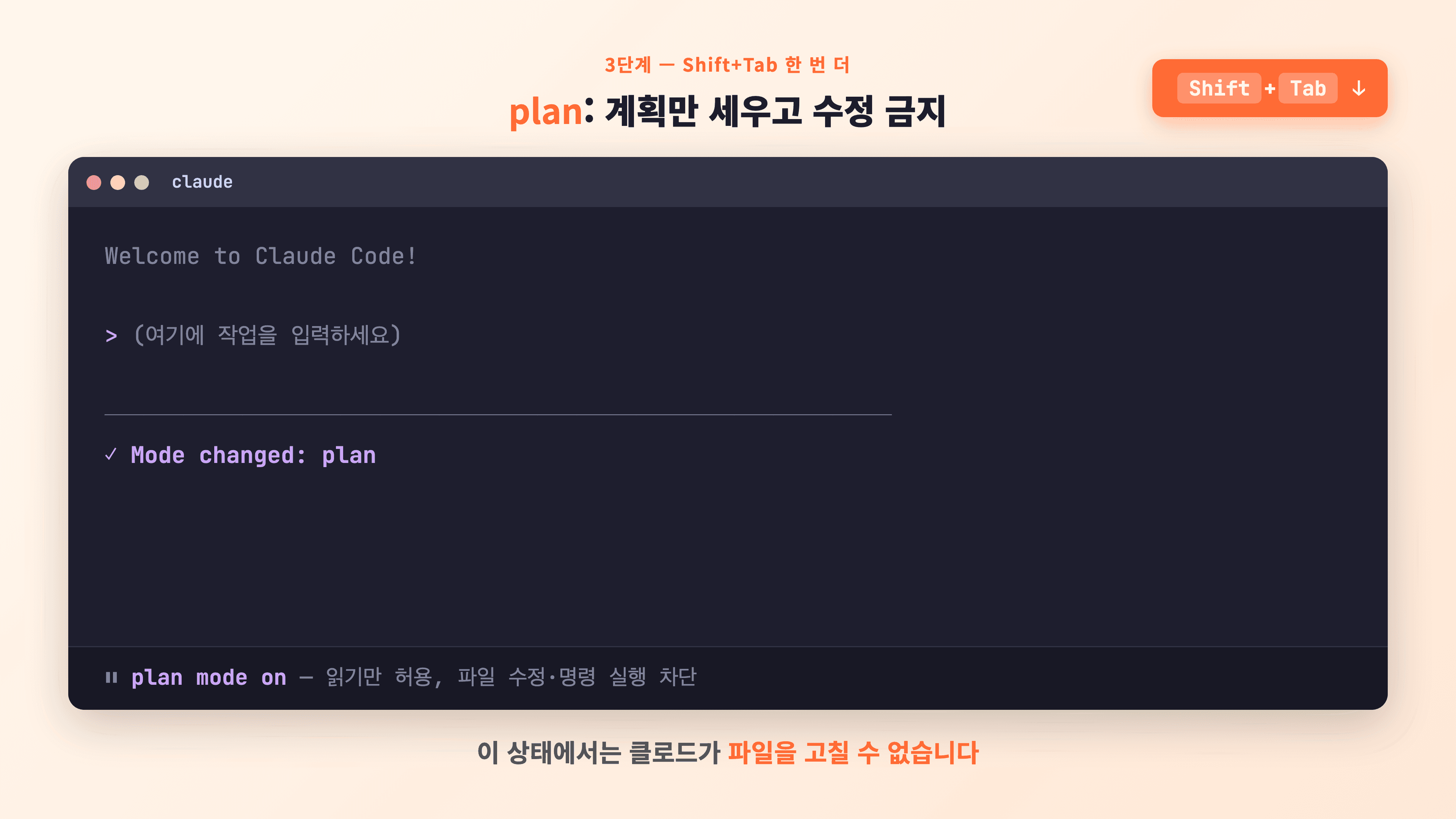 Shift+Tab 한 번 더 누른 후 plan 상태 — 하단 상태바가 plan mode on으로 변한 터미널