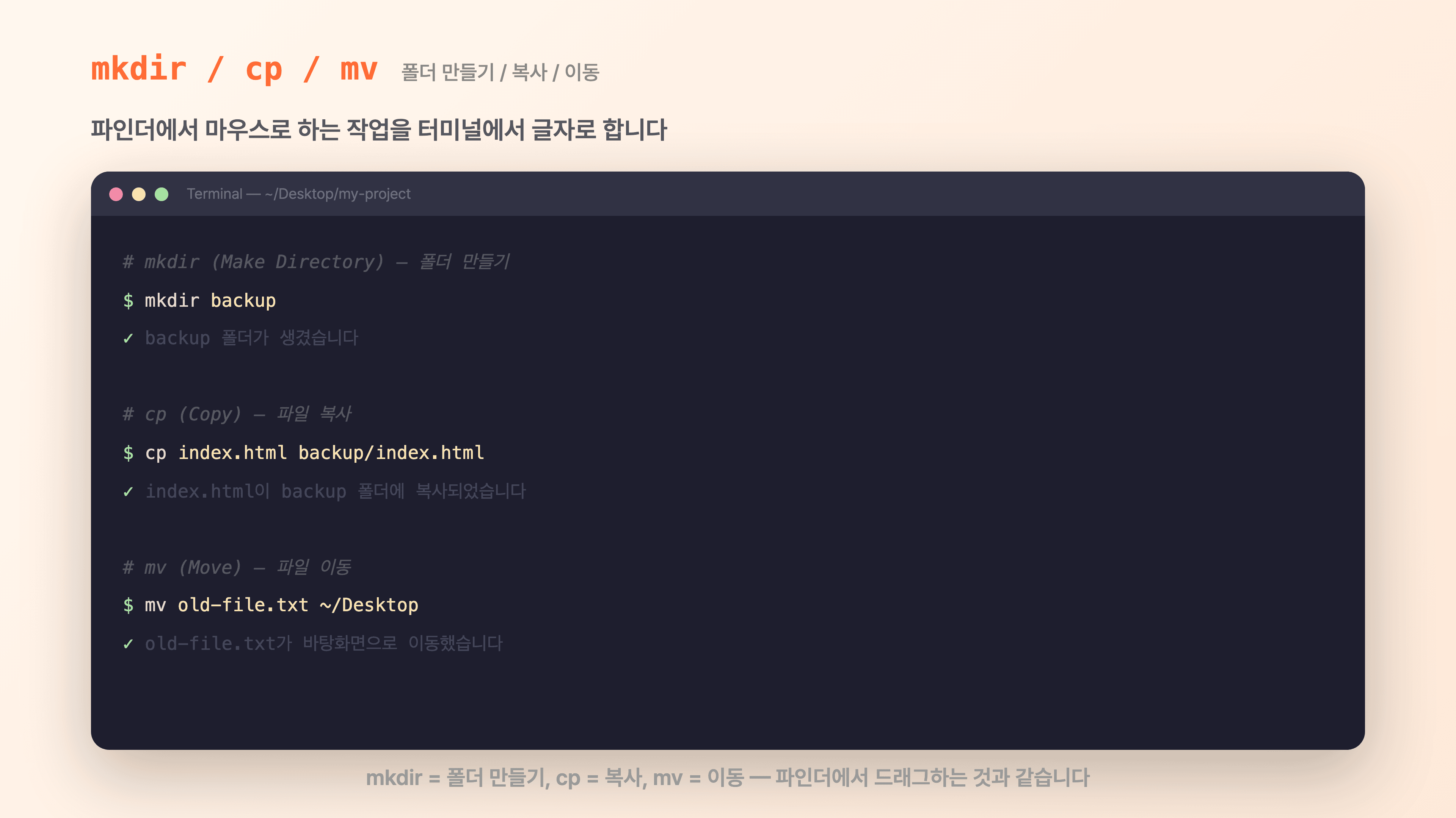 mkdir로 폴더 만들기, cp로 복사, mv로 이동하는 터미널 실행 화면