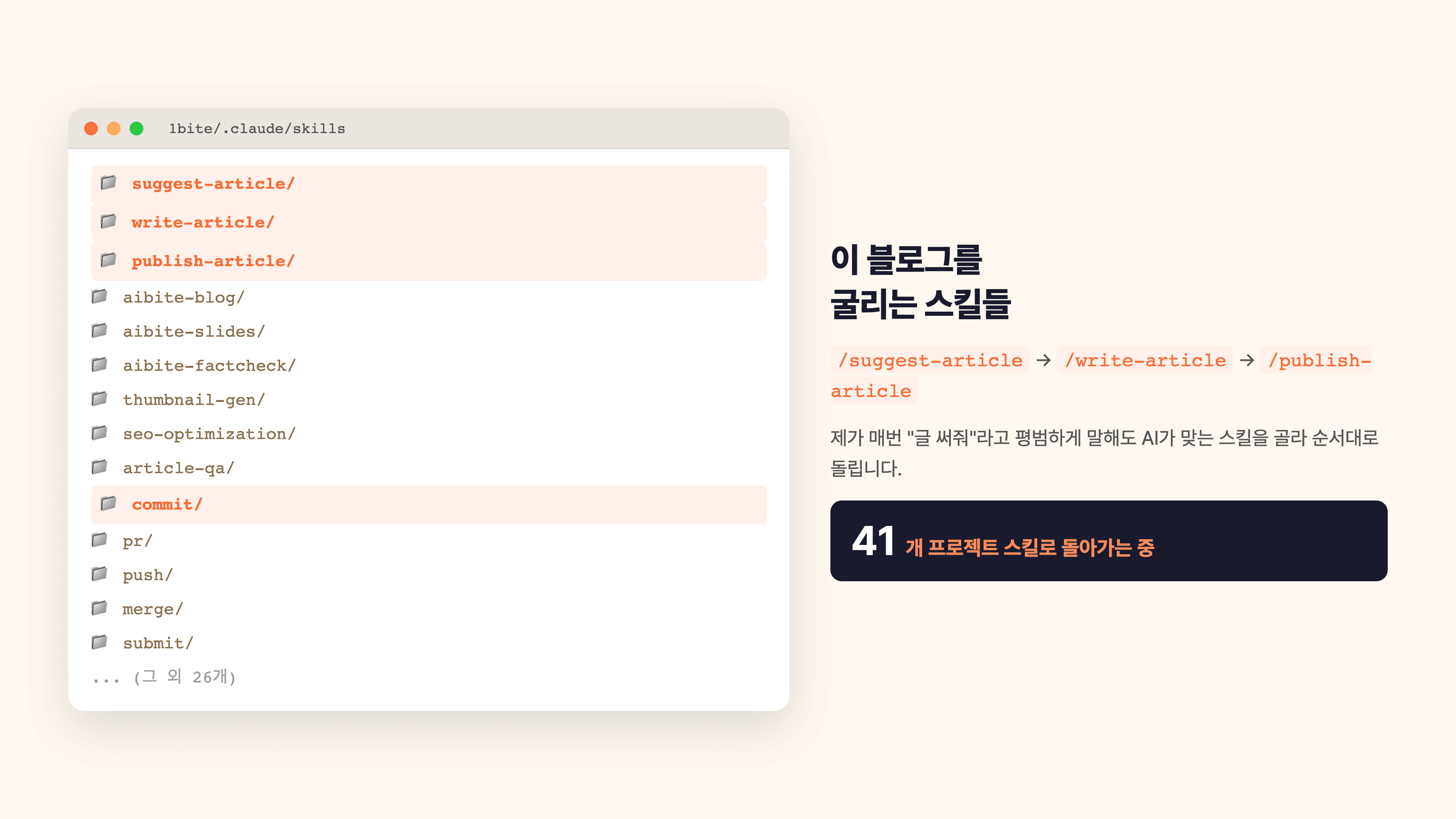 이 블로그의 .claude/skills/ 폴더 안에 /write-article, /commit, /publish, /thumbnail-gen 등 여러 스킬이 나열된 실제 파일 목록 스크린샷