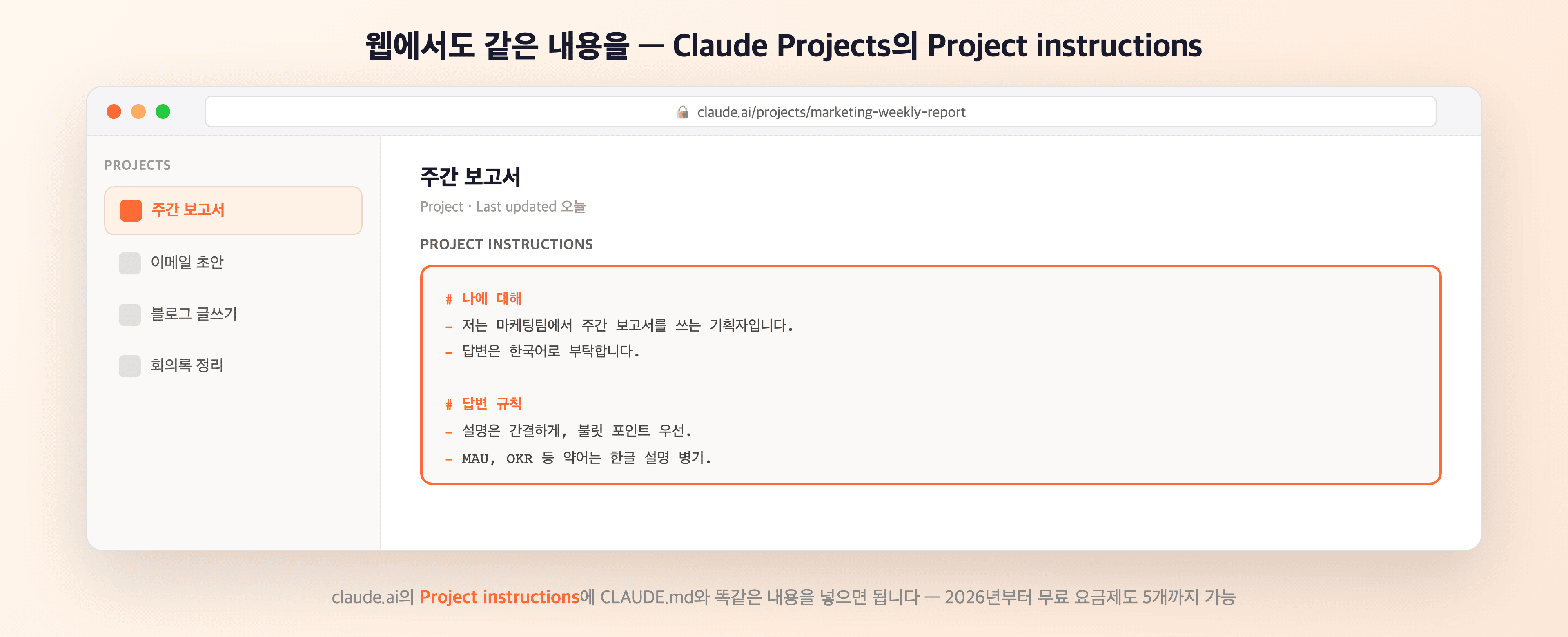 claude.ai Projects 화면 — 좌측에 프로젝트 목록, 우측에 Project instructions 입력창이 열려있는 브라우저