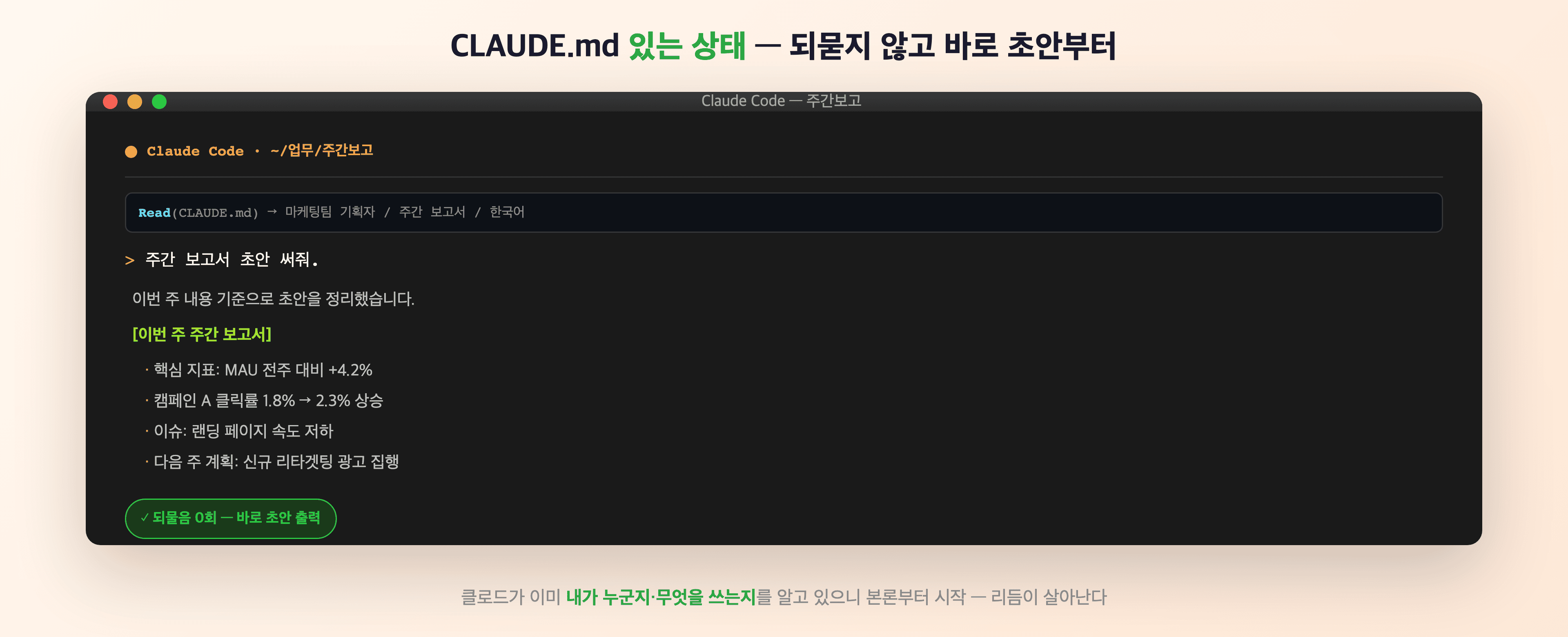 CLAUDE.md 있는 상태 — 클로드가 되묻지 않고 바로 마케팅팀 주간 보고서 포맷으로 초안을 쓰기 시작하는 터미널 화면