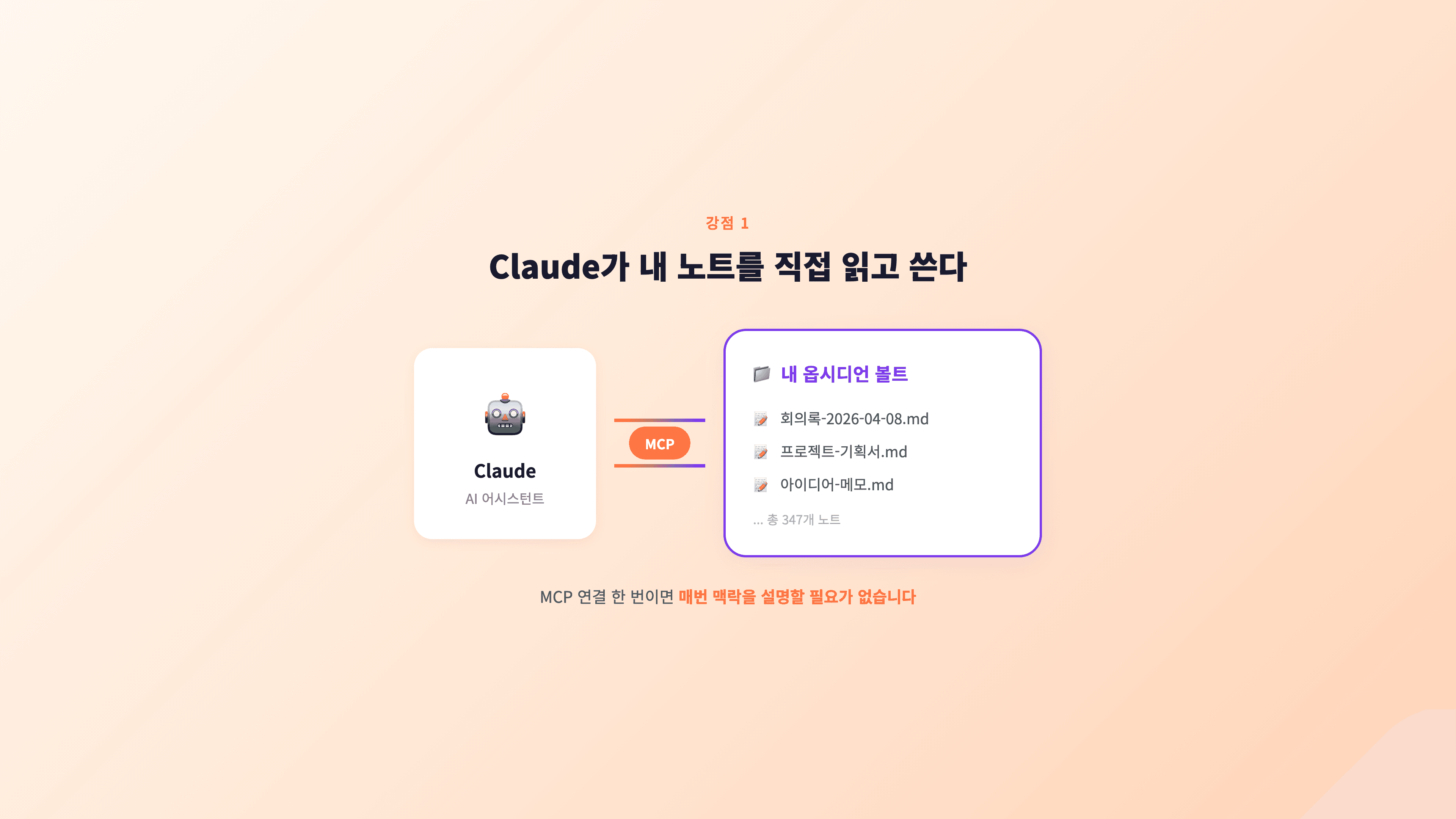 Claude가 MCP를 통해 옵시디언 볼트에 직접 접근하는 흐름 — 연결 한 번이면 매번 맥락을 설명할 필요가 없다